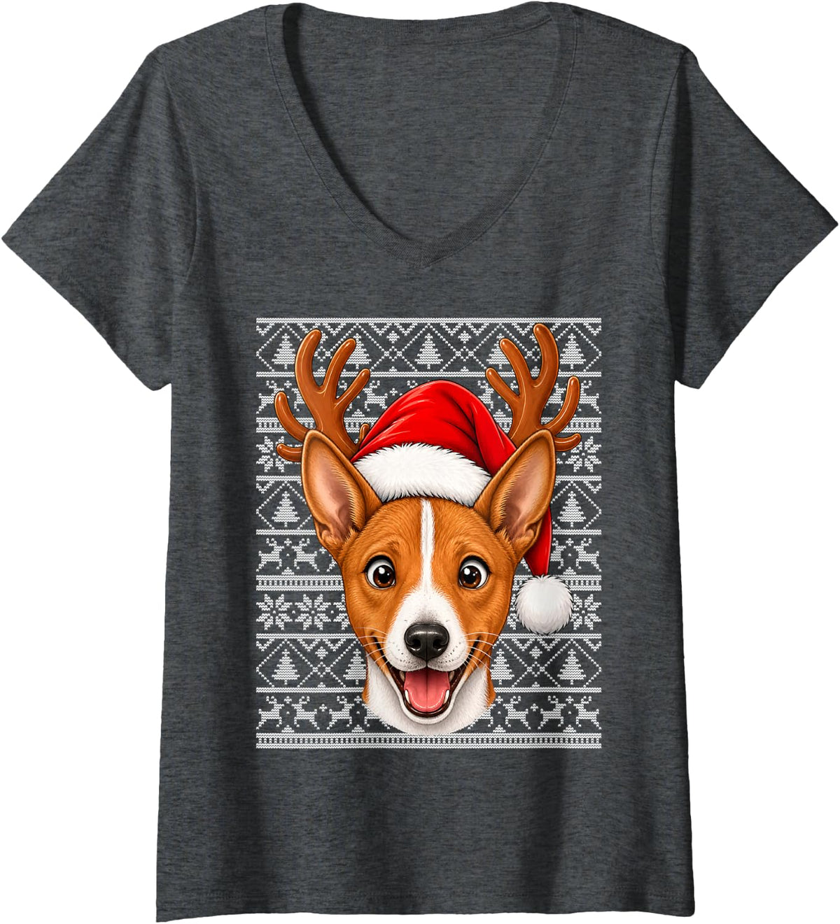 Women's Basenji Dog Christmas Santa Hat Ugly Sweater Basenji Xmas V-Neck T-Shirt - Dark Heather Grey
