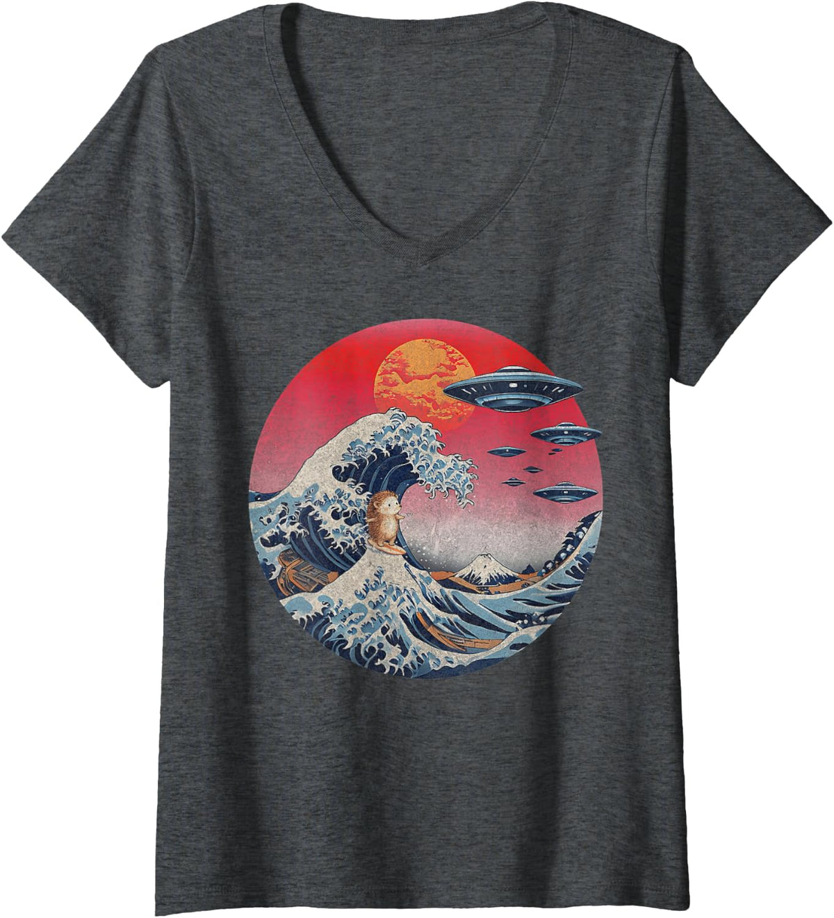 Women's Great Wave Off Kanagawa Japanese UFO Flying Saucers Hedgehog V-Neck T-Shirt - Dark Heather Grey
