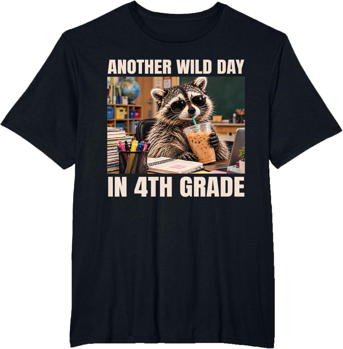 Funny 4th Grade Teacher Raccoon Drinking Iced Coffee T-Shirt - Black