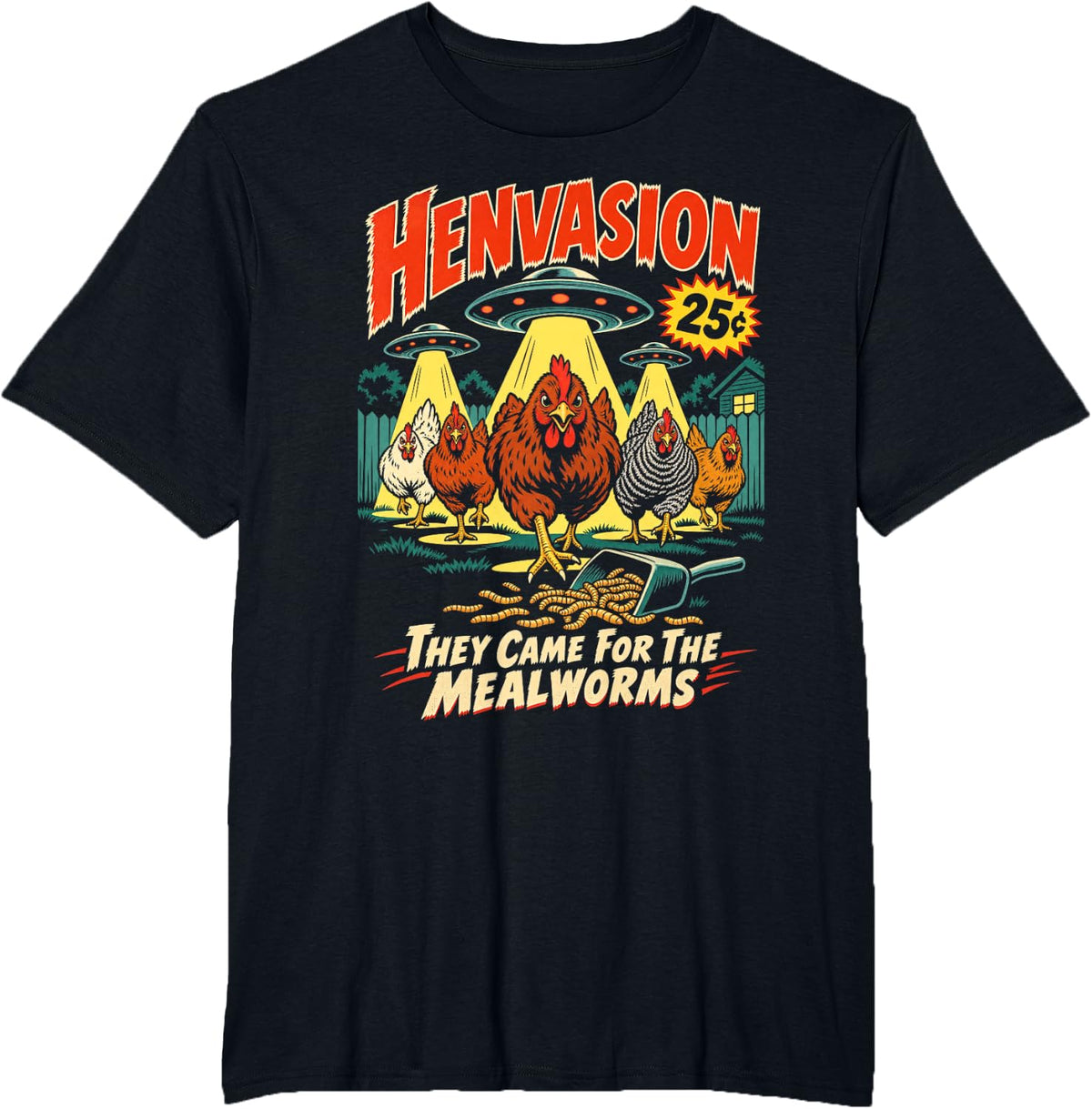 Backyard Chicken Farmer Funny Hen UFO Alien Invasion Retro T-Shirt - Black