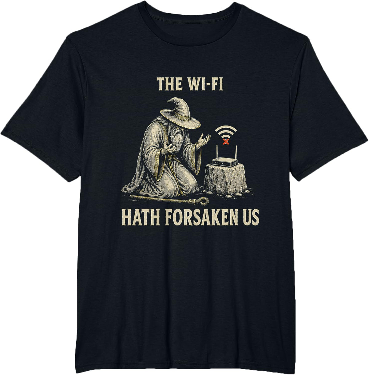 Funny Medieval Wizard WiFi Fantasy IT Network Humor T-Shirt - Black