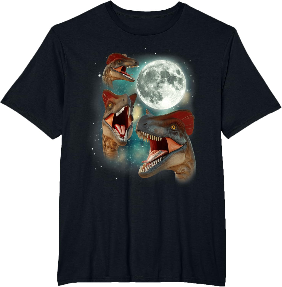 Three Dilophosaurus Moon | 3 Dinosaur Prehistoric Roar Dino T-Shirt - Black