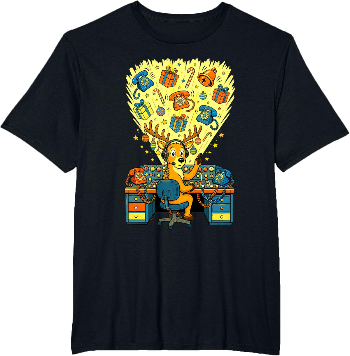 911 Dispatcher Christmas Reindeer Headset T-Shirt - Black