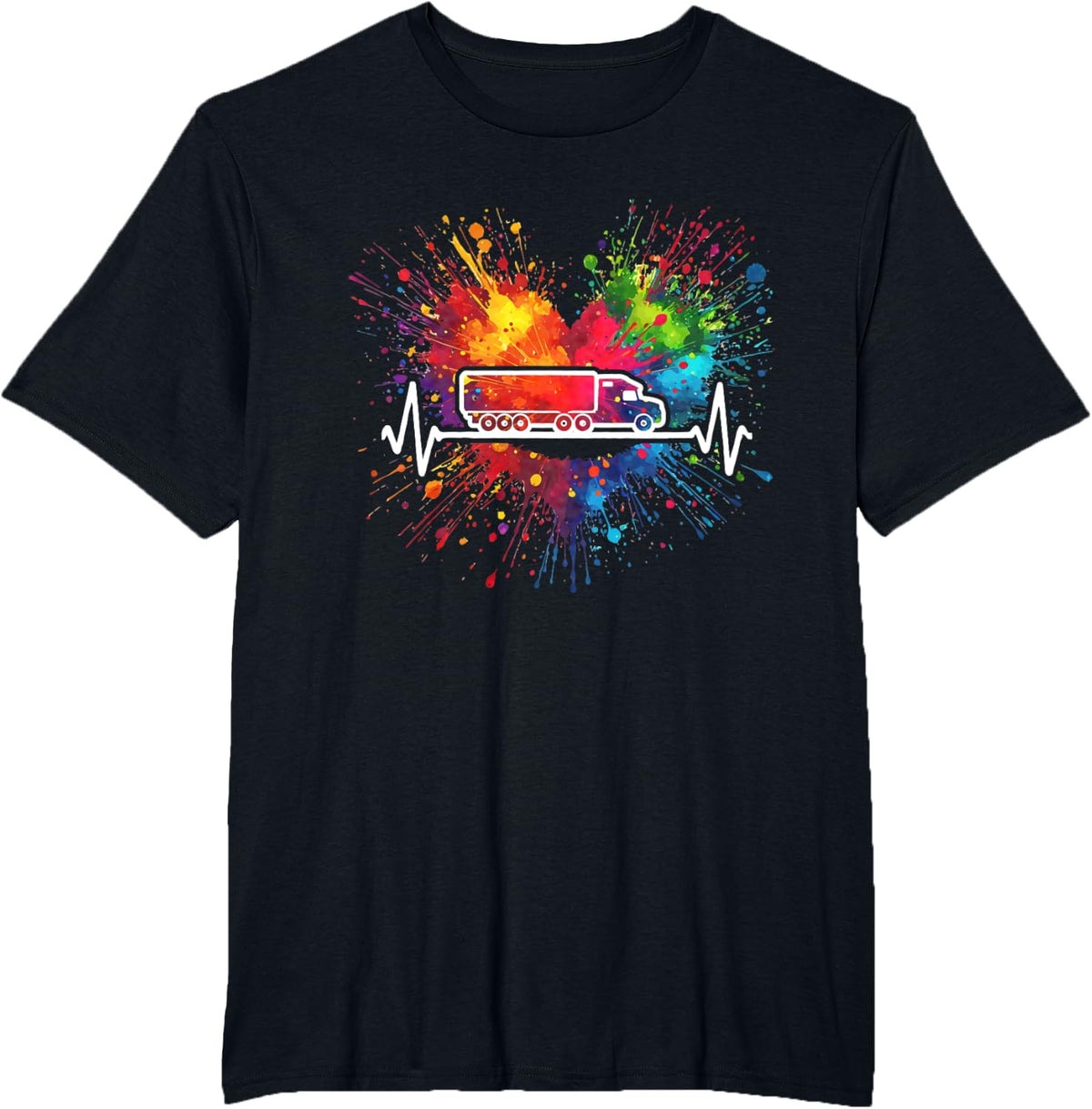 Truck Heartbeat Colorful Splash Driver Trucker T-Shirt - Black