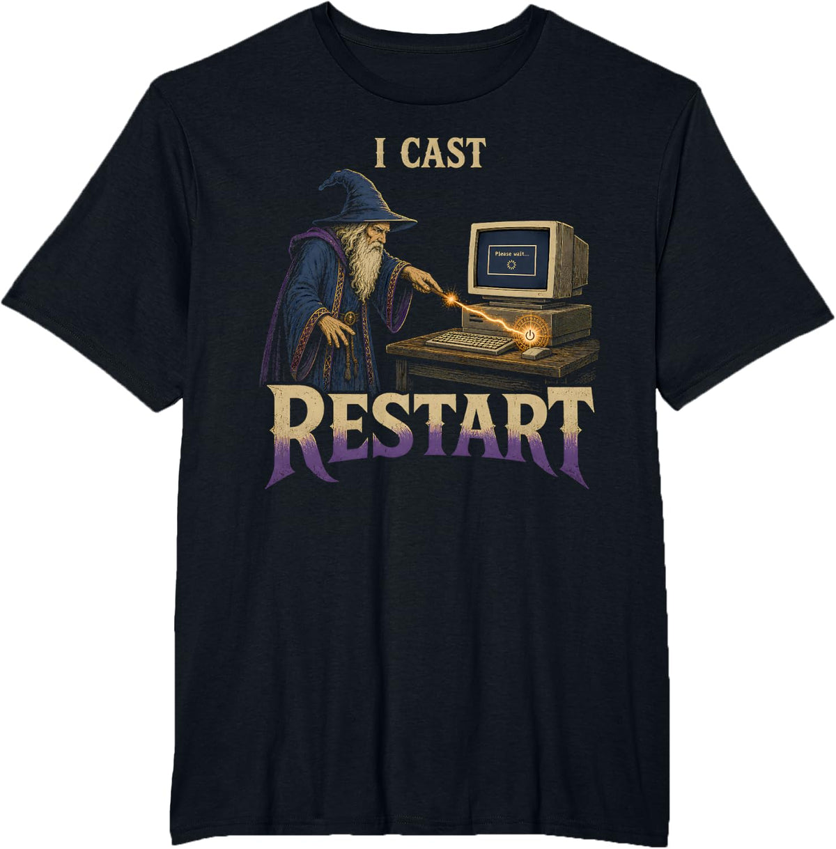 Funny I Cast Restart Computer Wizard IT Tech Support Humor T-Shirt - Black