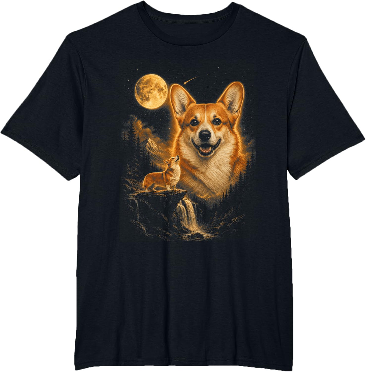 Pembroke Corgi Howling Mountain Sky Adventure Men Women T-Shirt - Black