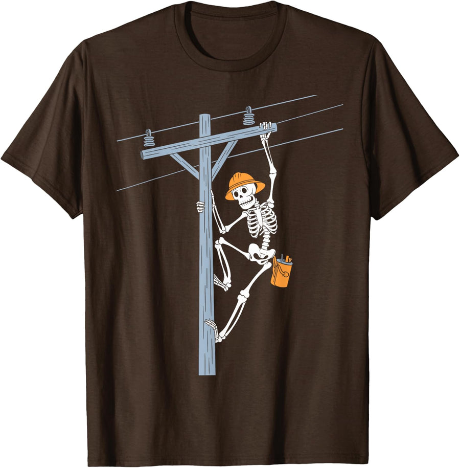 Funny Skeleton Electric Cable Lineman Spooky Halloween T-Shirt - Brown
