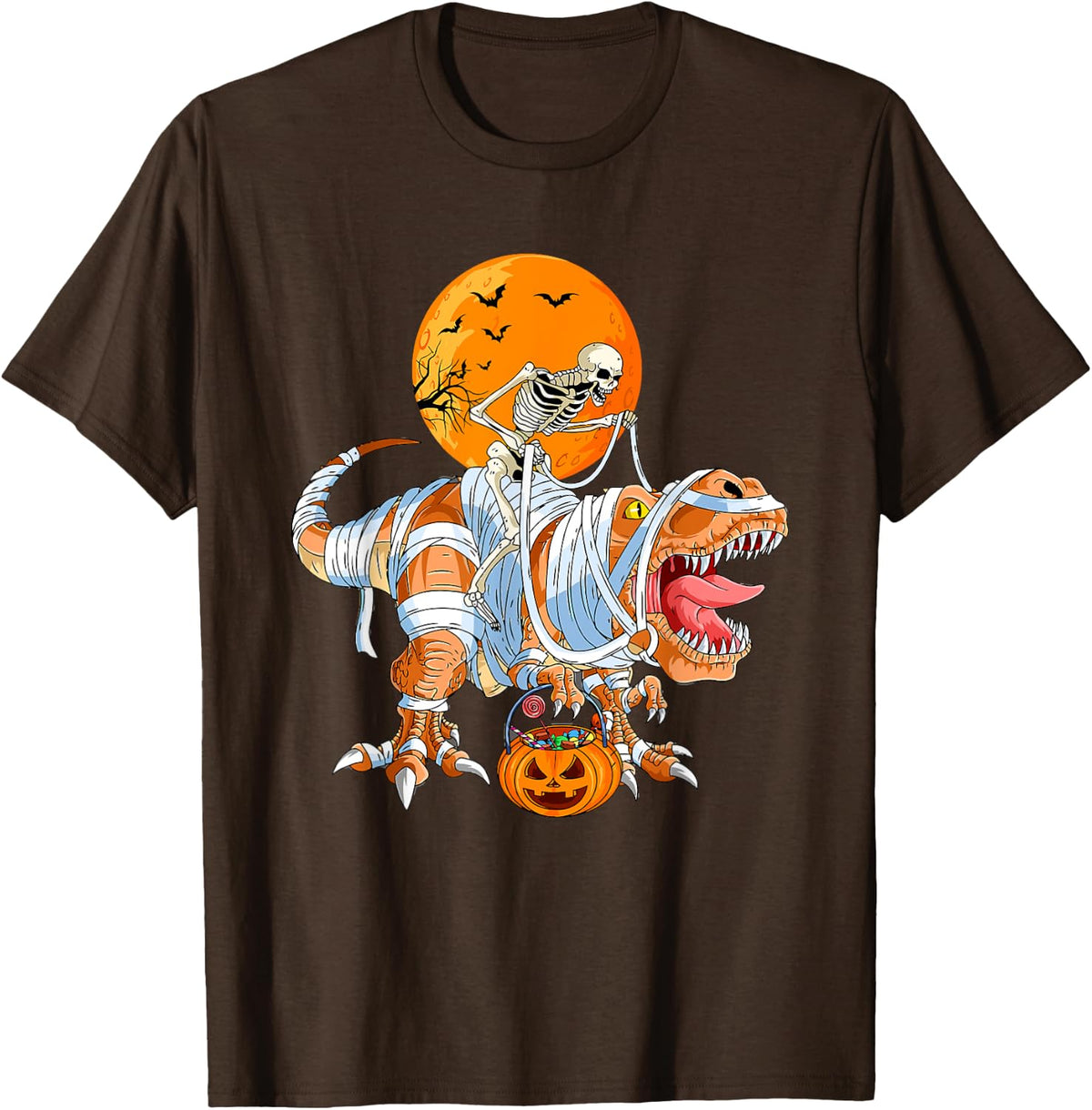 Skeleton Riding Mummy Dinosaur T rex Halloween T-Shirt - Brown