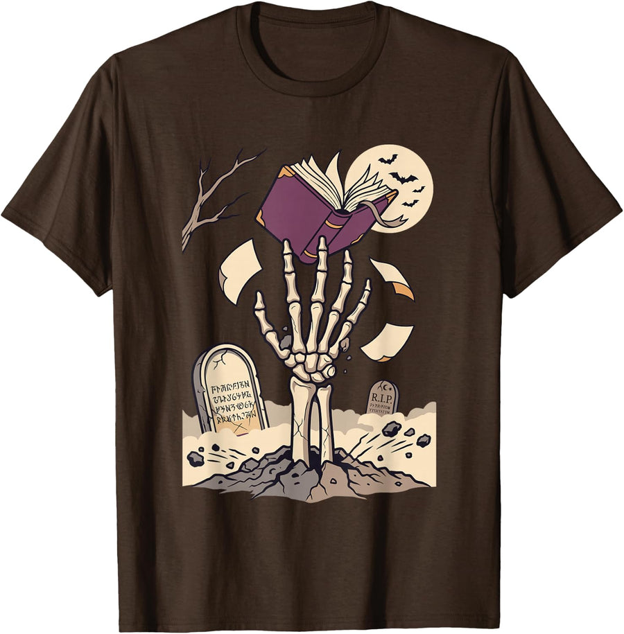 Skeleton Book Halloween Hand Graveyard Book Lover T-Shirt - Brown