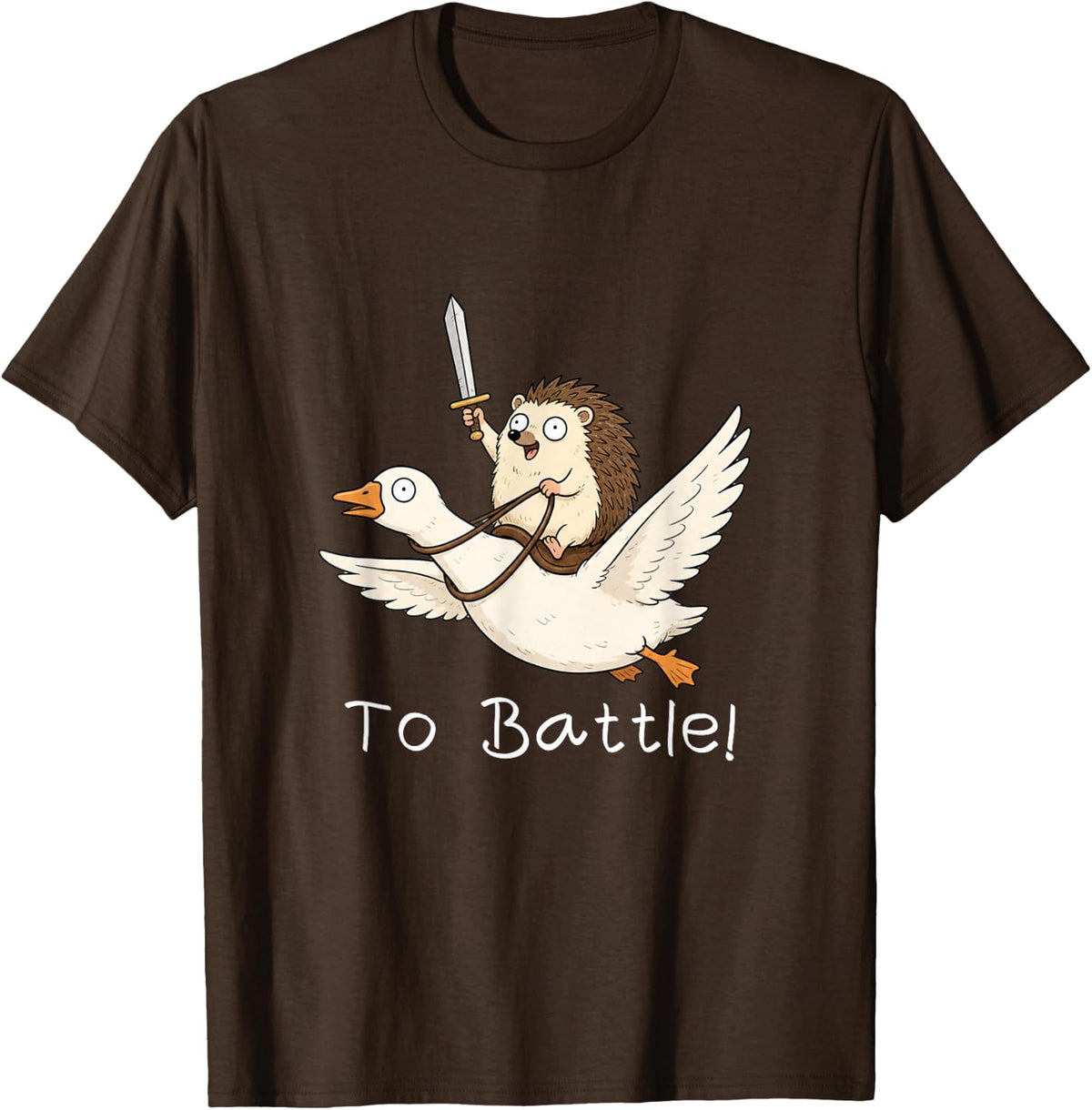 Funny Hedgehog with Sword on Goose to Battle! Cartoo T-Shirt - Brown