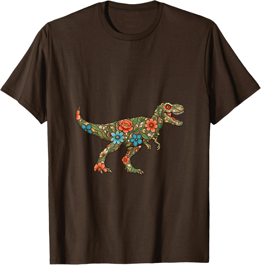 Floral T-Rex Dinosaur Design Boho Dinosaur Lover T-Shirt - Brown