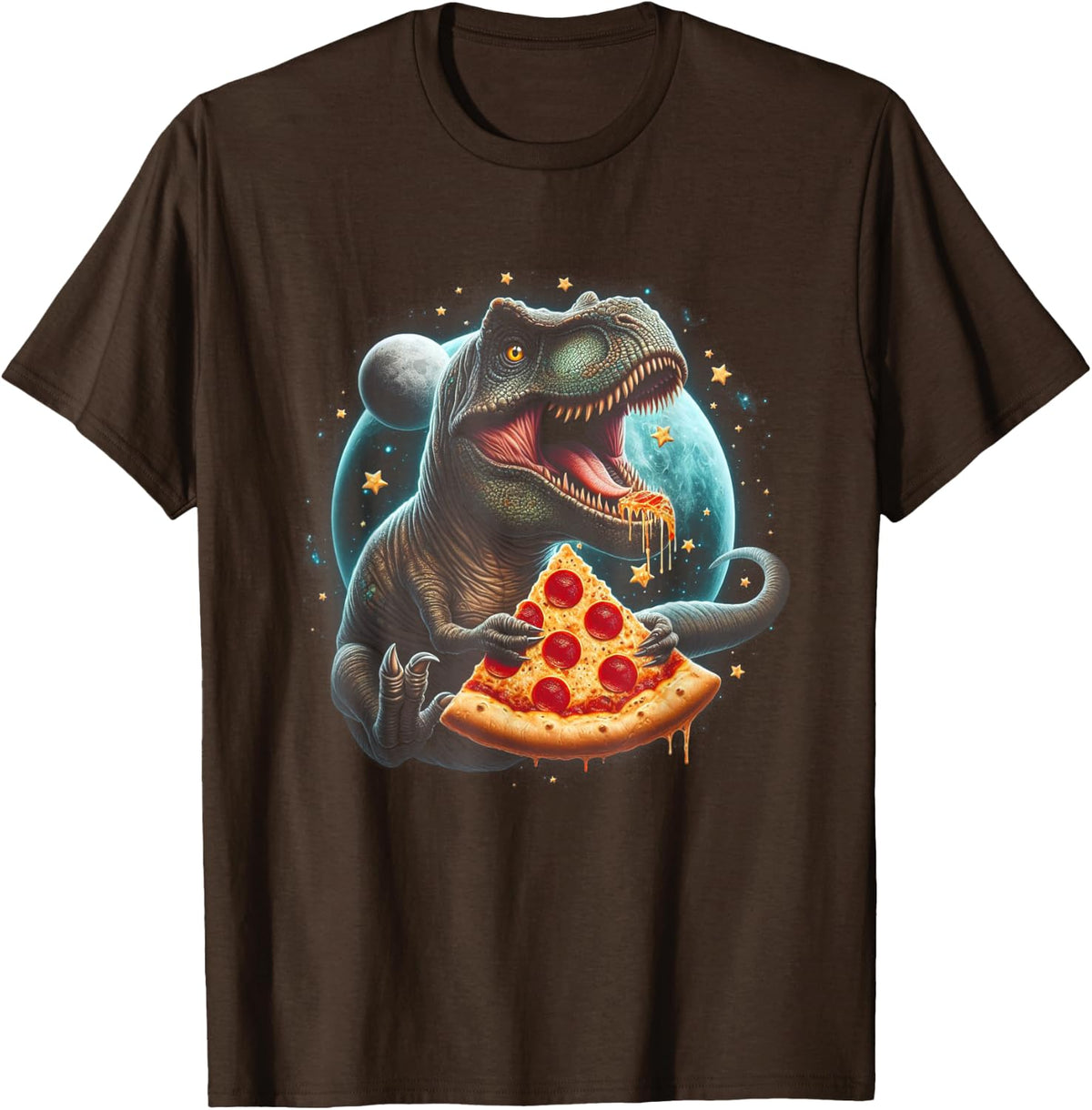 Dinosaur T-Rex Eating Pizza in Space galaxy for Kids T-Shirt - Brown