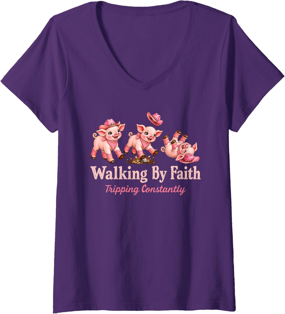 Women's Christian Pig Lover Walking By Faith Tripping Constantly V-Neck T-Shirt - Purple