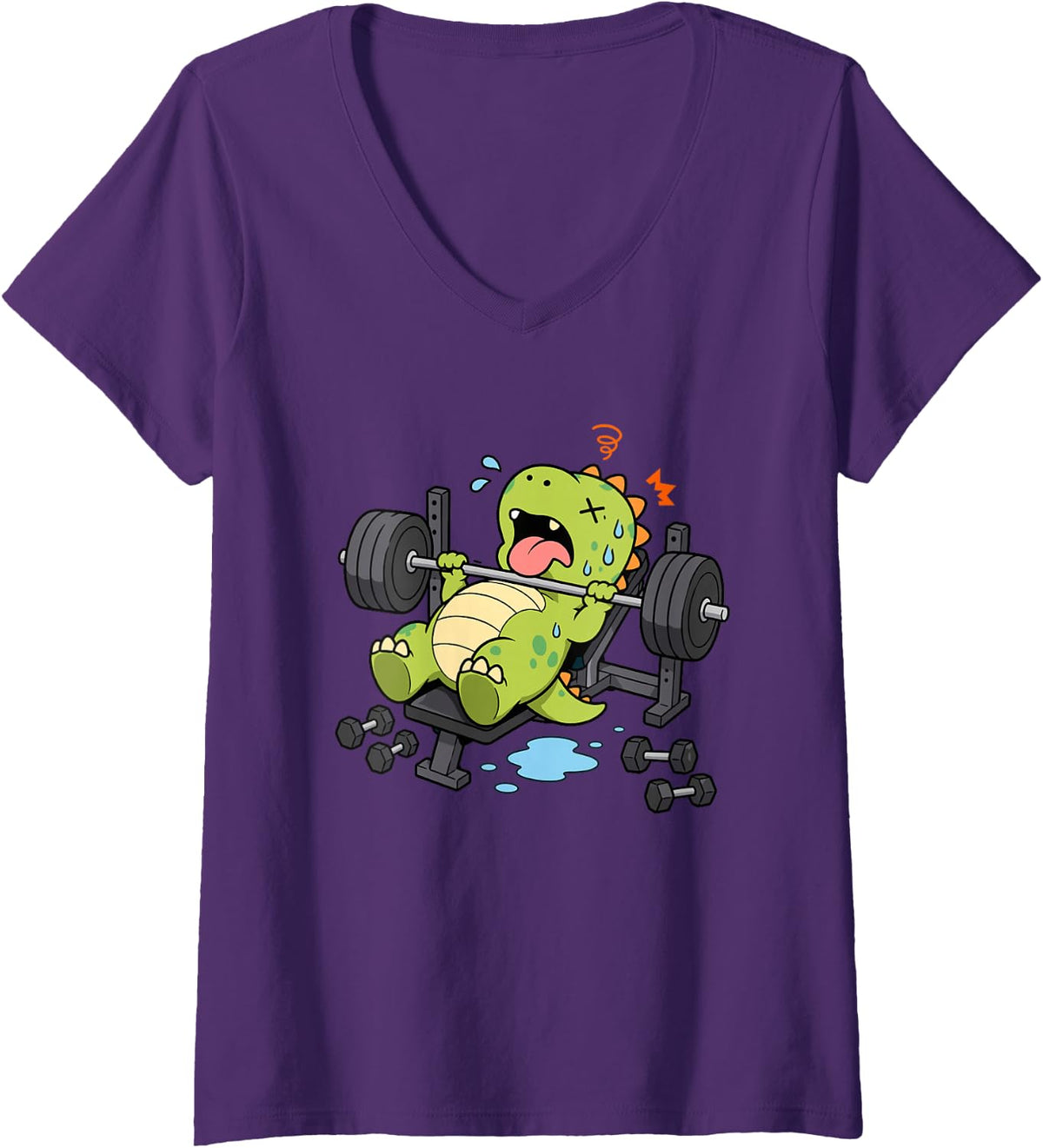 Women's Weight Lifting Dinosaur Trex Barbell Gym Workout V-Neck T-Shirt - Purple