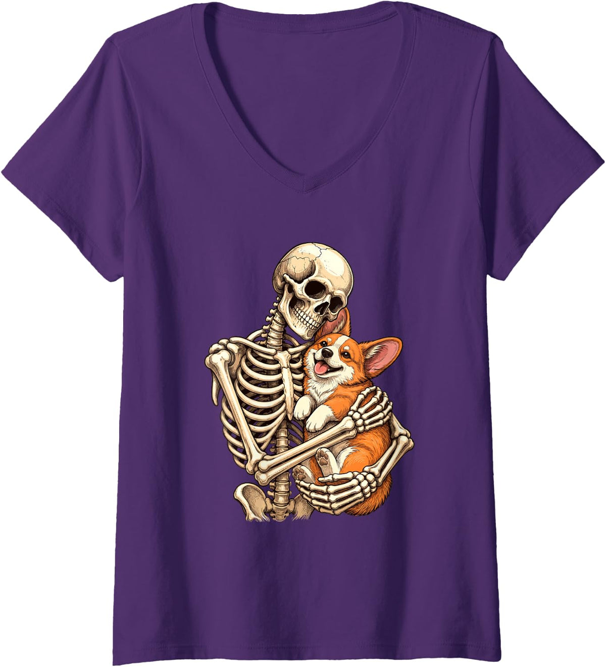 Women's Skeleton Hugging Corgi - Welsh Corgi Dog Lover Corgi Dad V-Neck T-Shirt - Purple