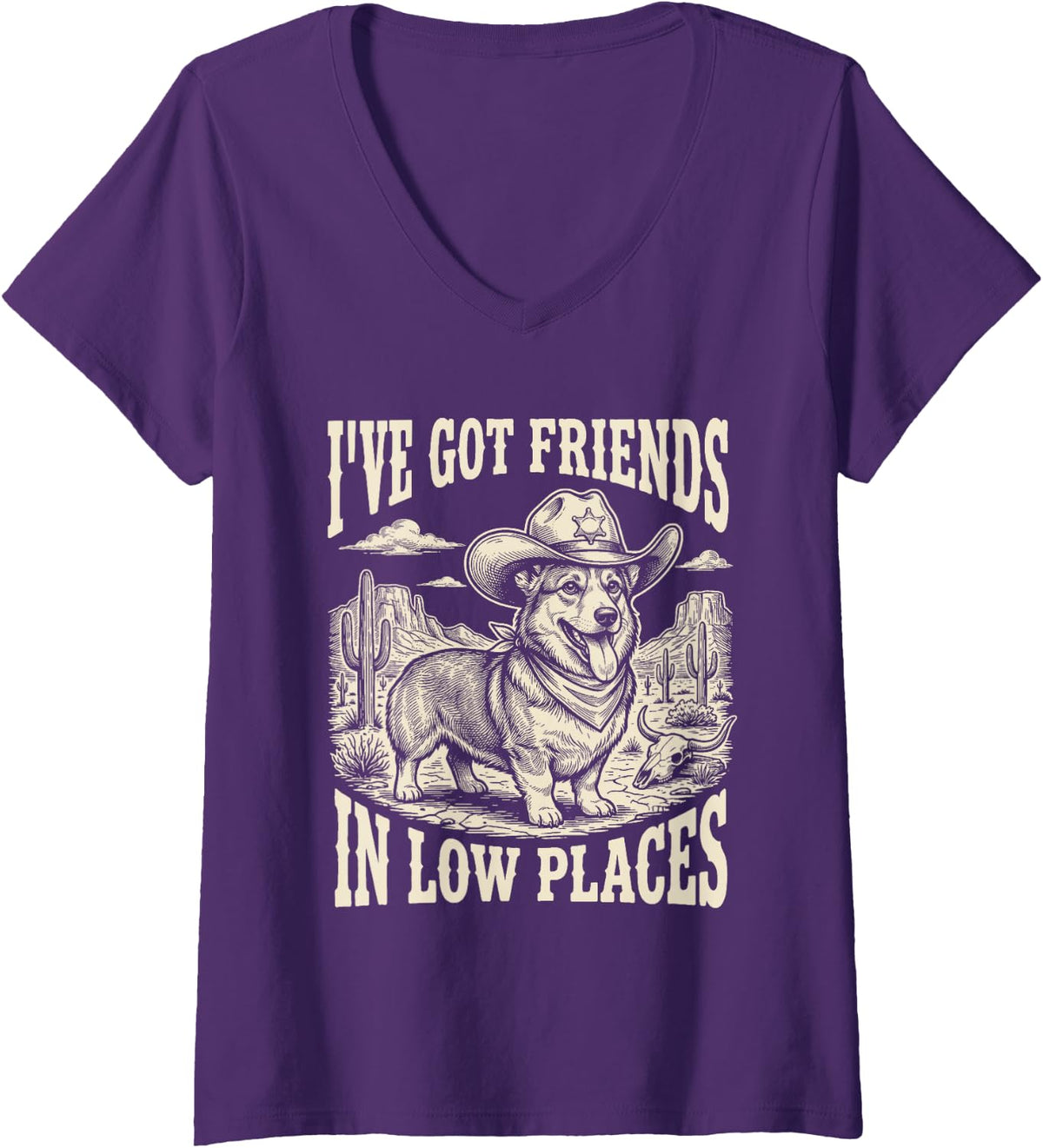 Women's I've Got Friends in Low Places - Welsh Corgi Dad V-Neck T-Shirt - Purple