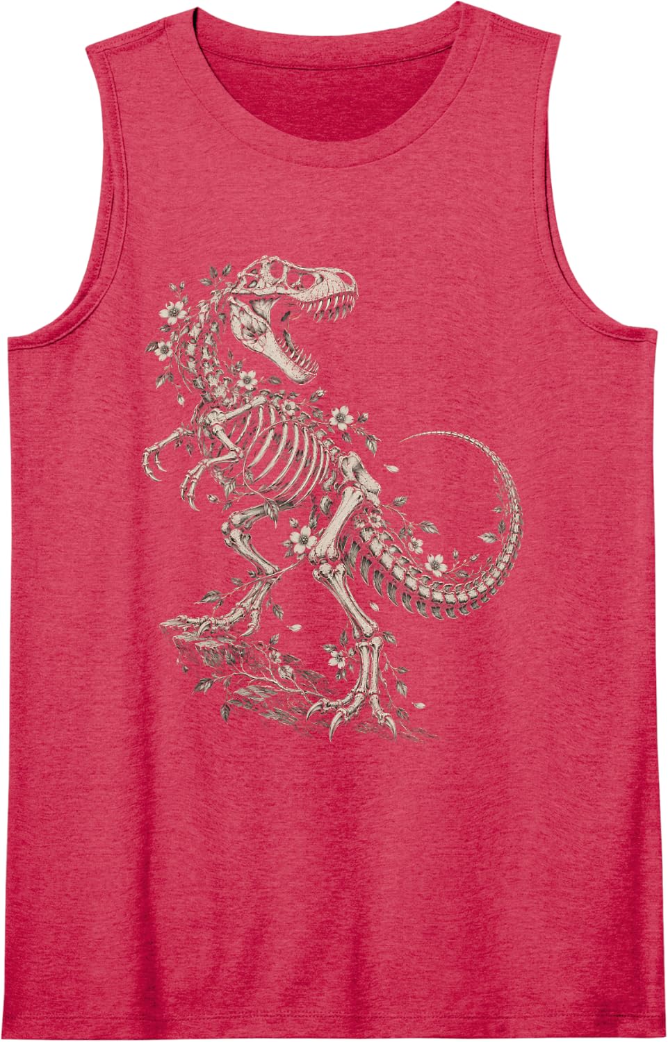 Floral Tee Rex Skeleton Dinosaur Gothic Botanical Fossil Art Sleeveless Tank Top - Red