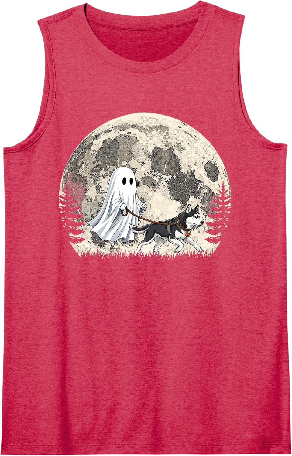 Funny Ghost Walking Husky Full Moon Halloween Tank Top - Red
