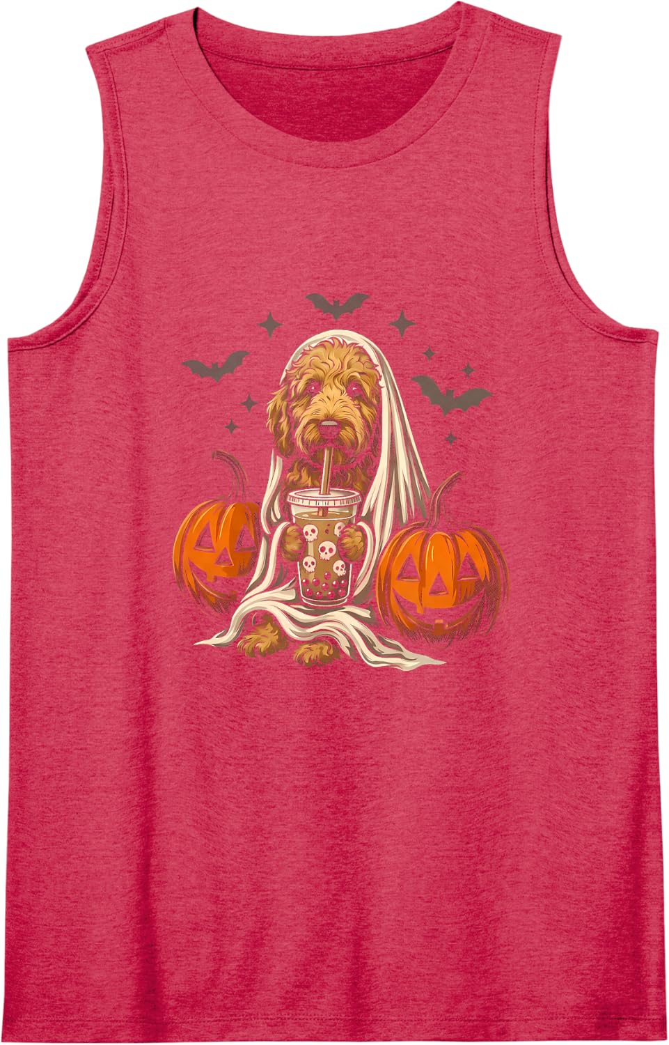 Goldendoodle Ghost Drinking Boba Halloween Pumpkin Sleeveless Tank Top - Red