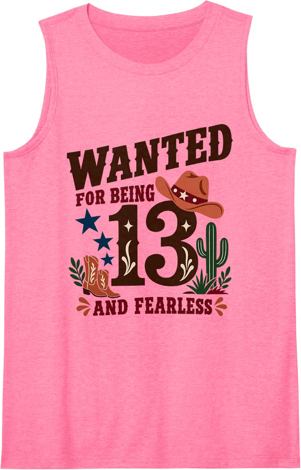 13th Birthday Cowgirl Western Fearless Teen Girl Rodeo Sleeveless Tank Top - Pink