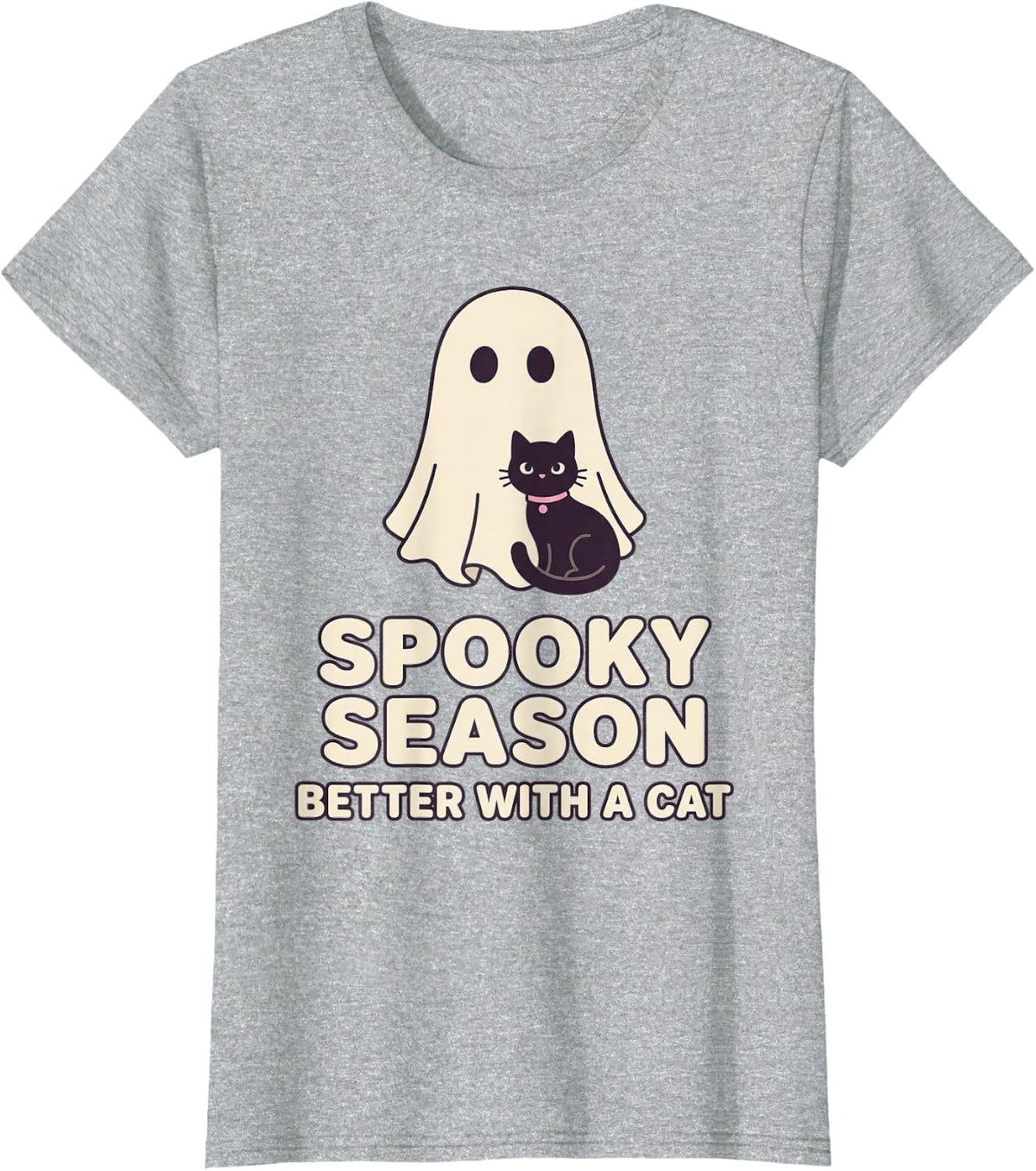 Cute Ghost Black Cat Spooky Season Halloween Cat Lover T-Shirt - Heather Grey