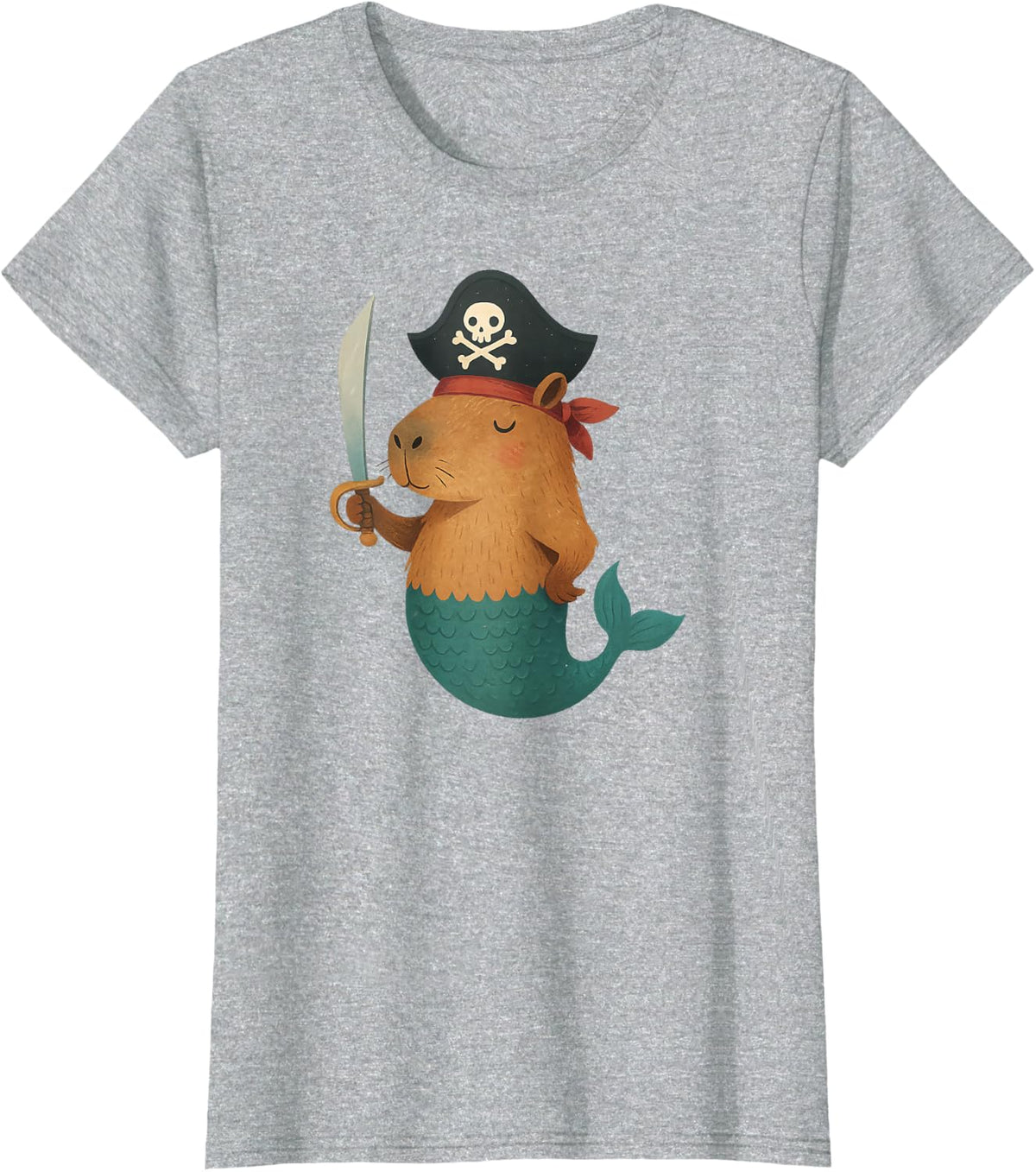 Funny Cute Pirate Capybara Mermaid T-Shirt - Heather Grey