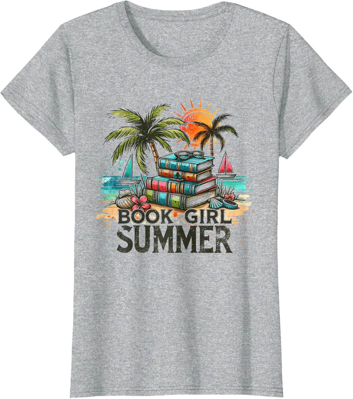 Girl Reading Book Summer Funny Beach Vacation For Book Lover T-Shirt - Heather Grey