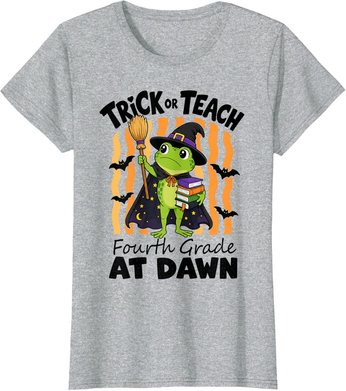 Halloween 4th Grade Teacher Frog Trick Or Teach Spooky T-Shirt - Heather Grey