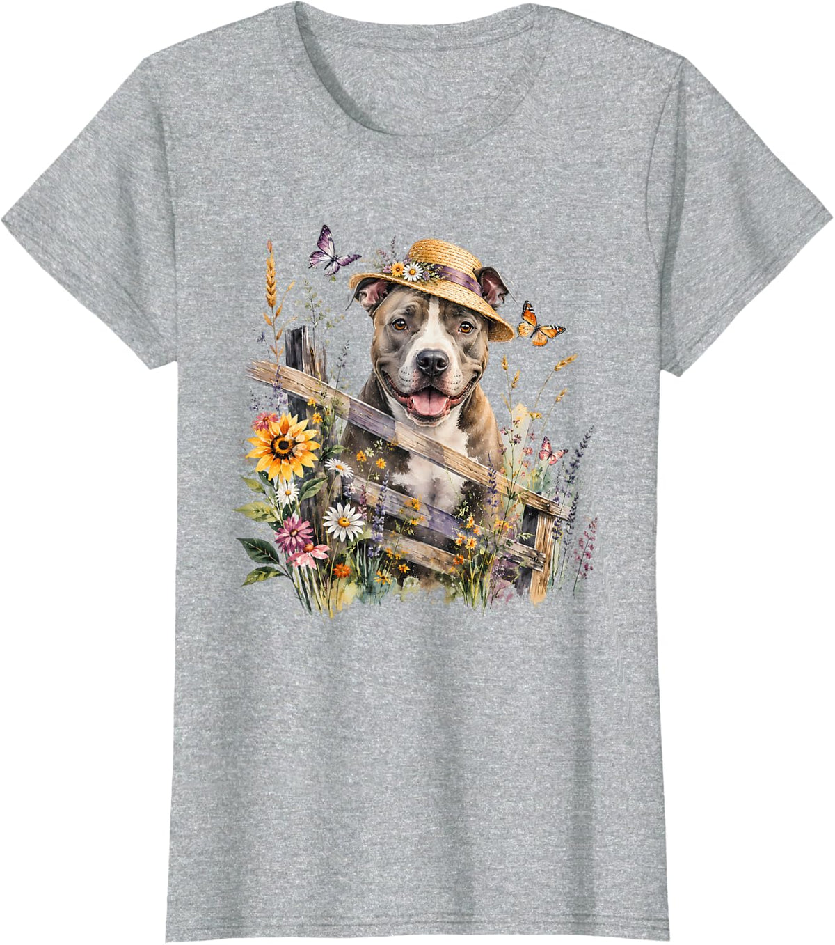 Cool Pitbull Riding Beautiful Floral Pitbull Graphic T-Shirt - Heather Grey