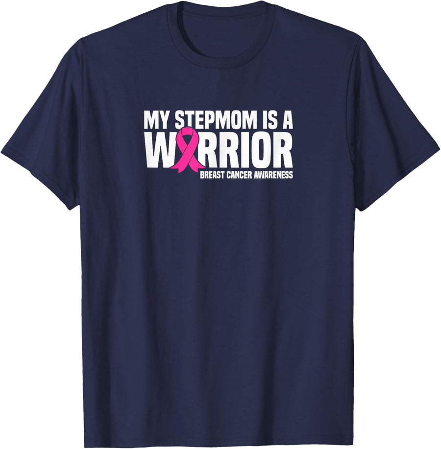 My Stepmom is a Warrior Breast Cancer Awareness T-Shirt - Navy Blue