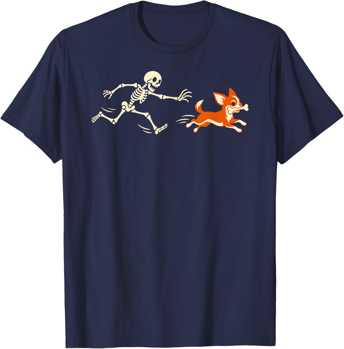 Cute Chihuahua Dog Stealing Skeleton Bone Halloween Graphic T-Shirt - Navy Blue