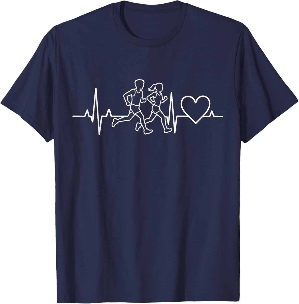 Running Couple Heartbeat EKG Pulse Jogging Marathon T-Shirt - Navy Blue