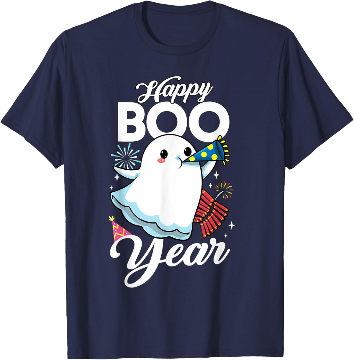 Happy Boo Year, Ghost, New Year Pun, Funny New Years 2024 T-Shirt - Navy Blue