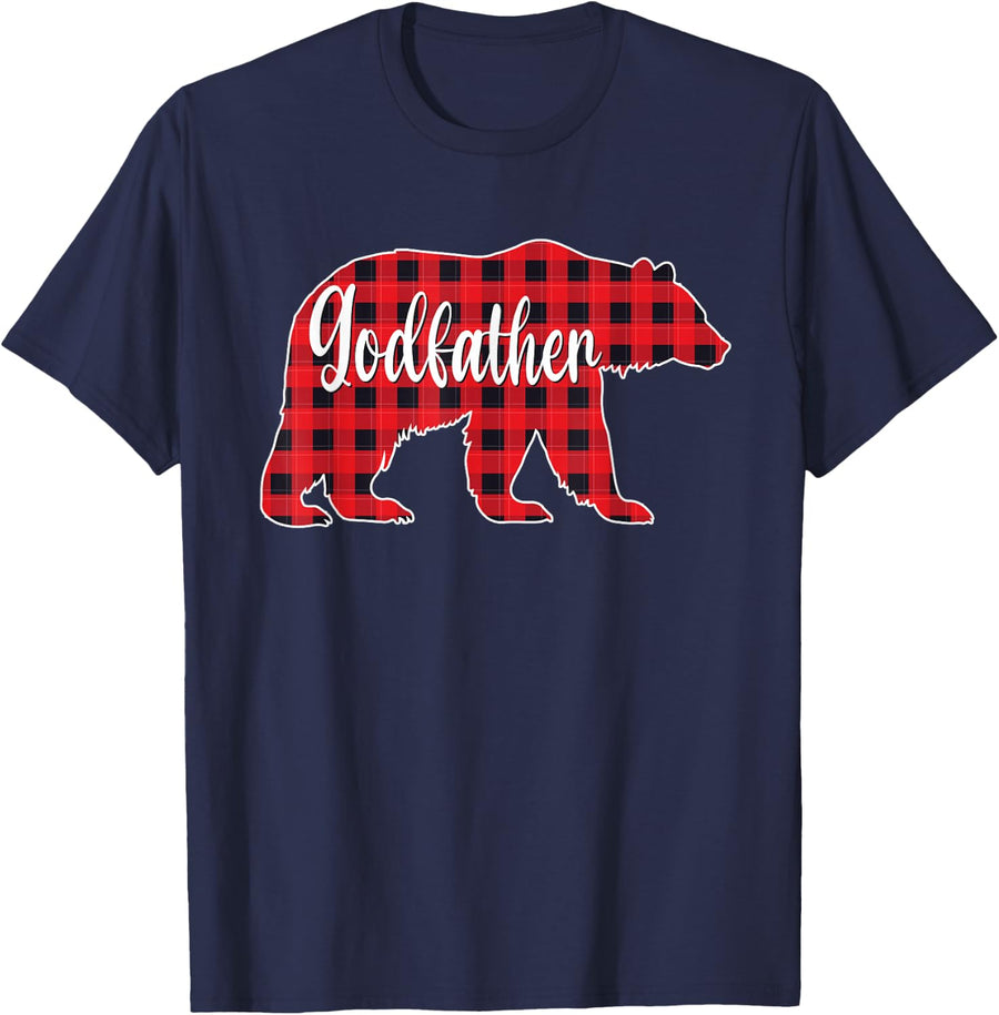 Bear Red Plaid Christmas Pajama Matching Family Godfather T-Shirt - Navy Blue