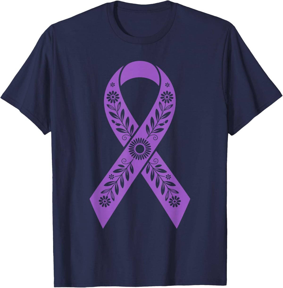 Floral Domestic Violence Purple Ribbon DV Awareness Support T-Shirt - Navy Blue