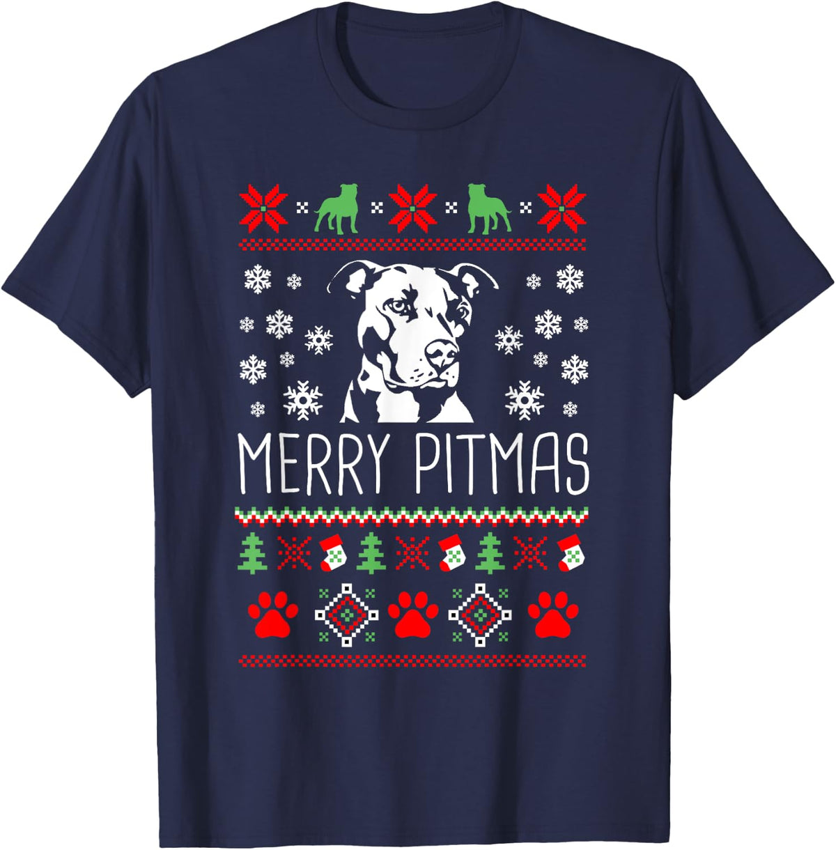 Pitbull Lovers T-Shirt Merry Pitmas Ugly Christmas Theme T-Shirt - Navy Blue