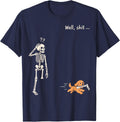 Funny Goldendoodle Dog Stealing Bone from Skeleton Halloween T-Shirt - Navy Blue