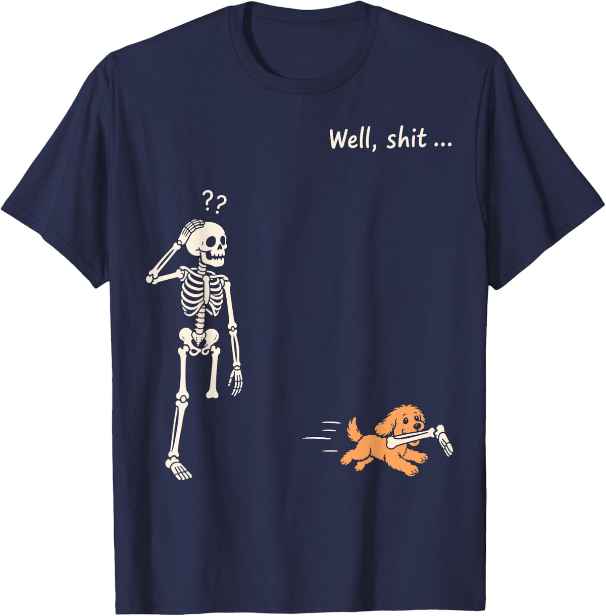 Funny Goldendoodle Dog Stealing Bone from Skeleton Halloween T-Shirt - Navy Blue