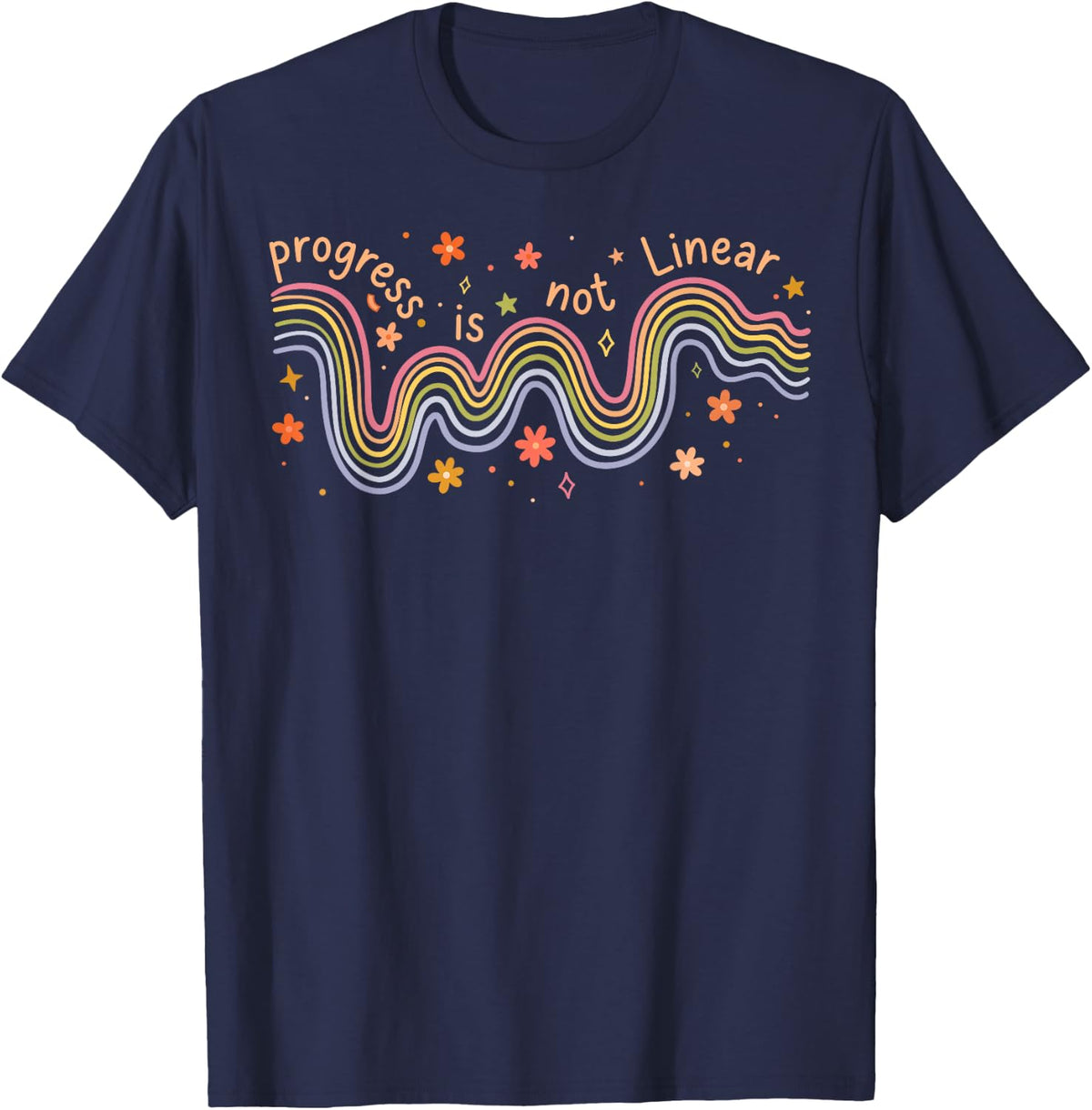 Progress is Not Linear Retro Rainbow Mental Health T-Shirt - Navy Blue