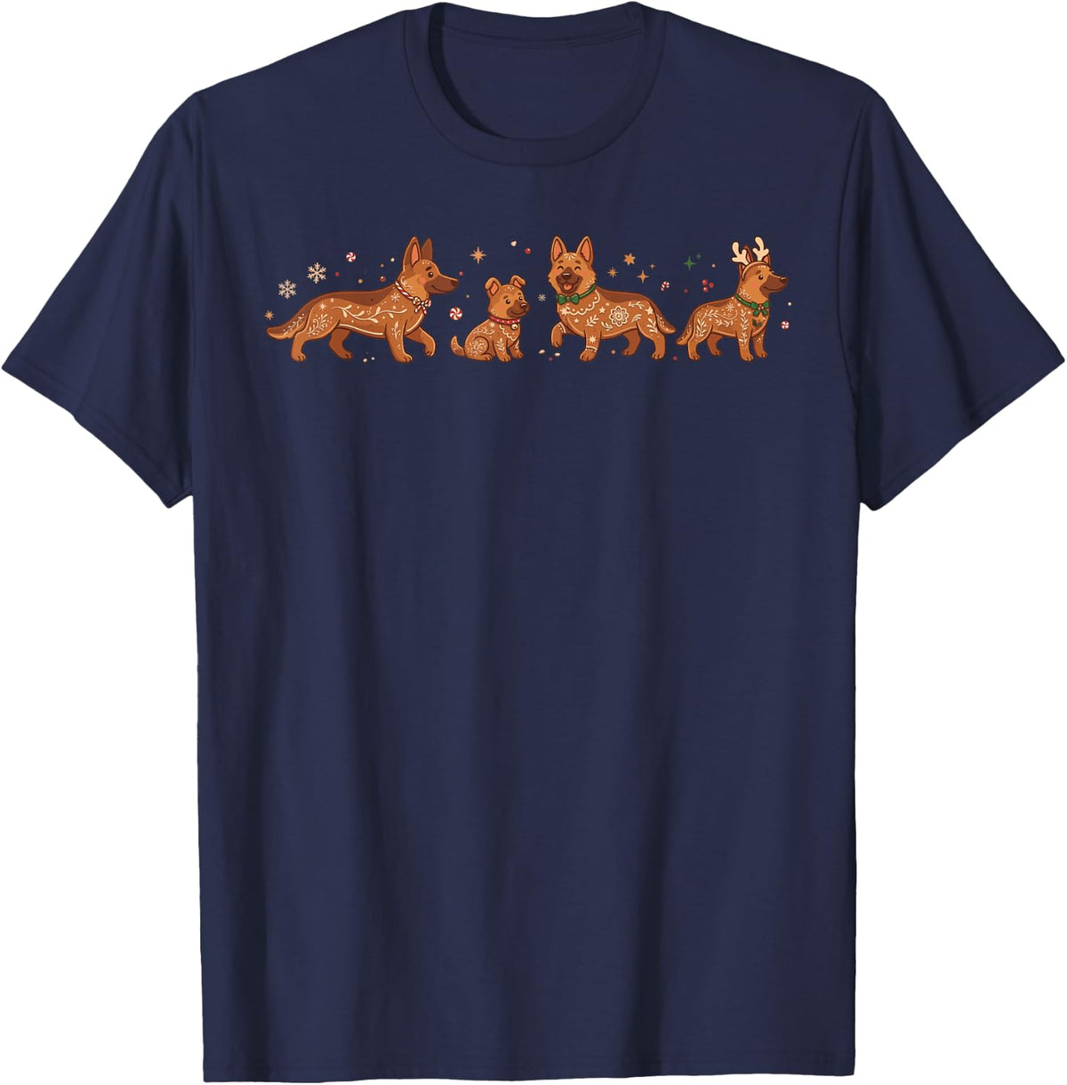 Fun German Shepherd Christmas Pajamas Shirt, Gingerbread Dog T-Shirt - Navy Blue