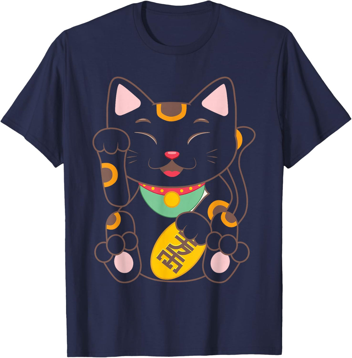 Maneki-Neko Lucky Cat Japanese Good Luck Charm T-Shirt - Navy Blue