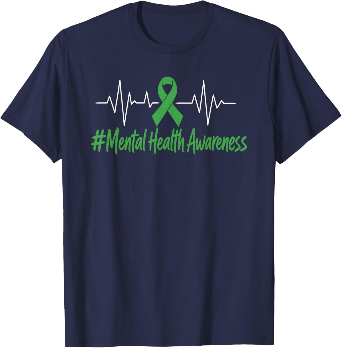 Mental Health Awareness Green Ribbon Heartbeat Line Support T-Shirt - Navy Blue