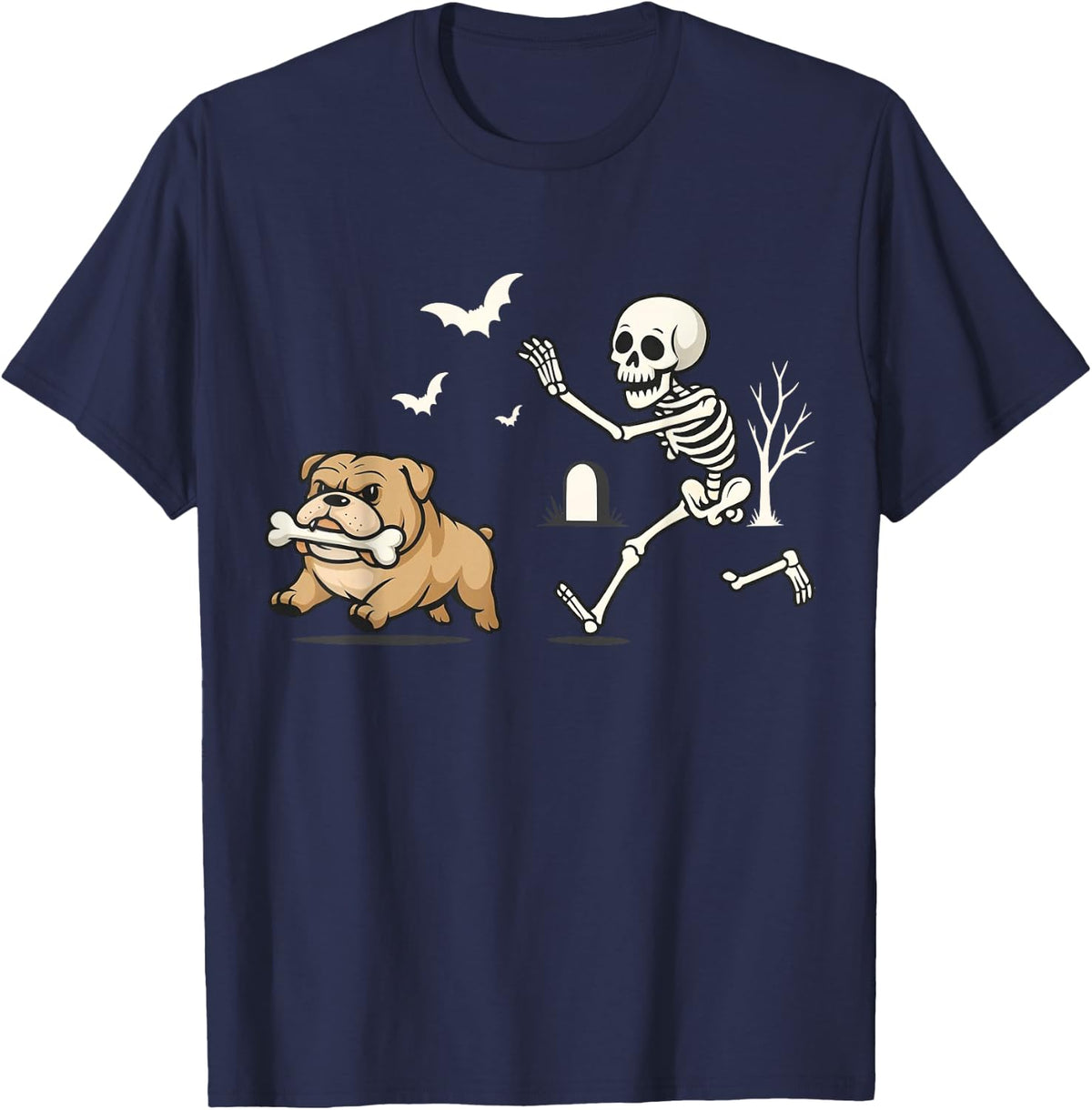 Funny Skeleton Chasing French Bulldog Halloween Skeleton Dog T-Shirt - Navy Blue