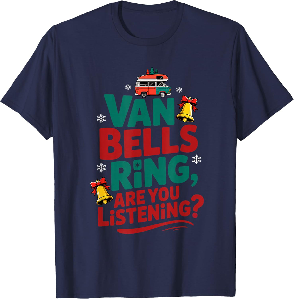 Van Bells Ring Merry Christmas Holiday Adventure Camper-Van T-Shirt - Navy Blue