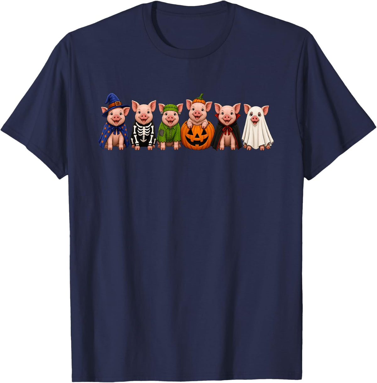 Cute Halloween Pig Costume Spooky Skeleton Ghost Witch T-Shirt - Navy Blue