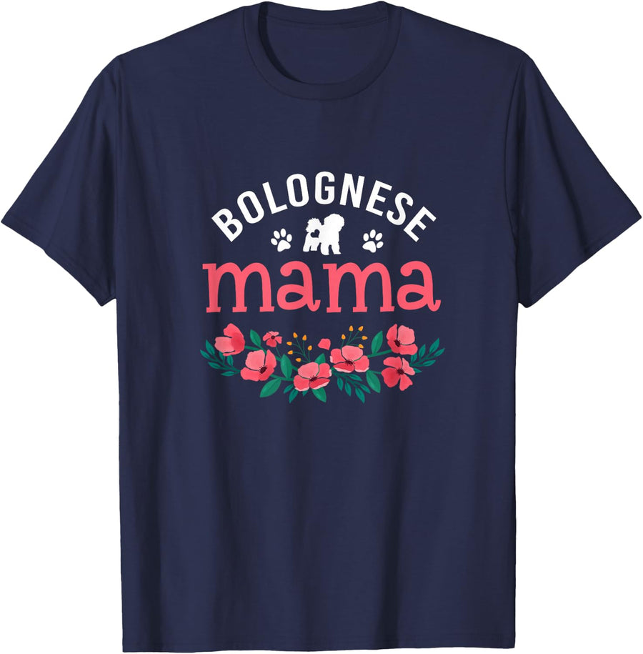 Floral Bolognese Dog Mama Gifts For Women Dog Mom Christmas T-Shirt - Navy Blue