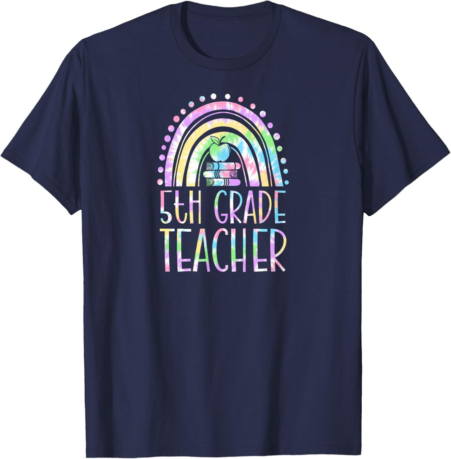 5th Grade Teacher Bohemian Rainbow Wholesome Aesthetic T-Shirt - Navy Blue