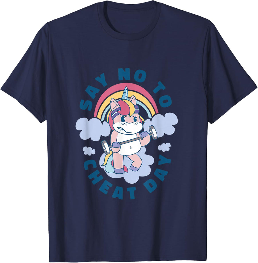 Say No to Cheat Day Barbell Fitness Unicorn Workout Humor T-Shirt - Navy Blue