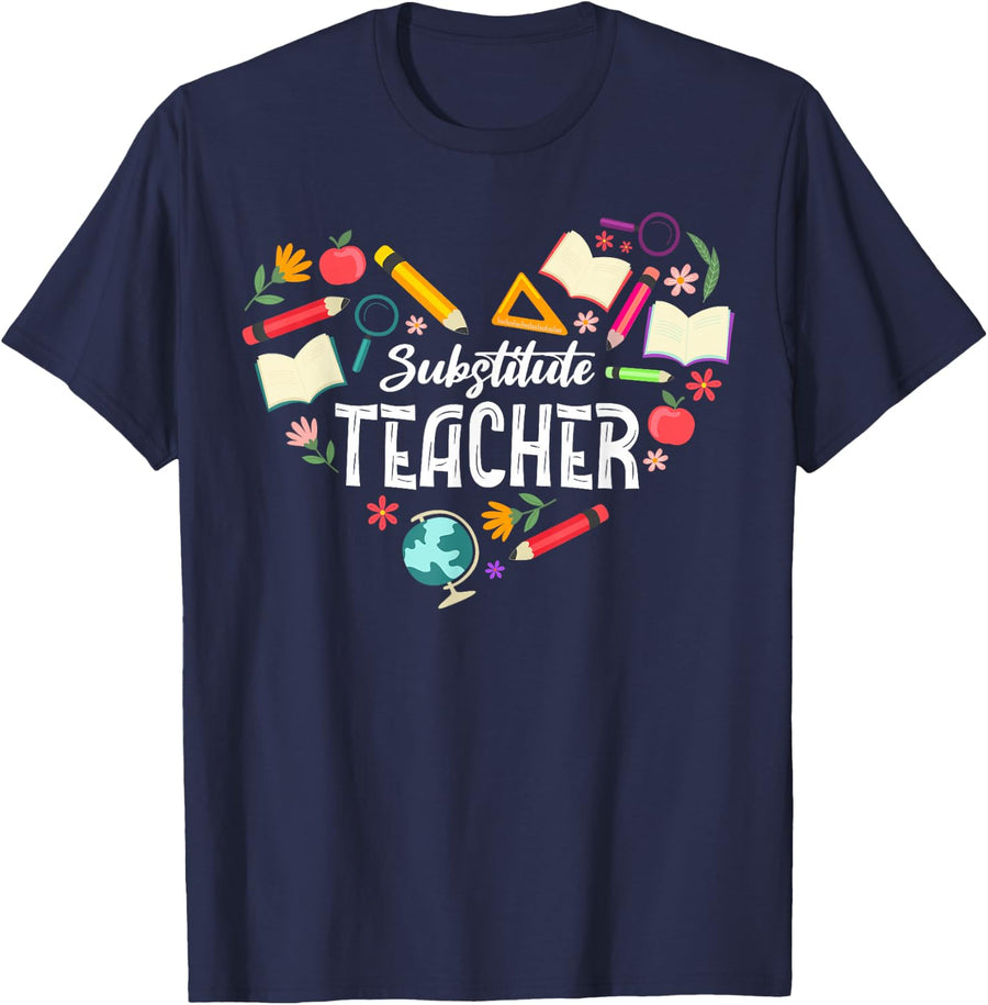 Cute Substitute Teacher Heart T-Shirt - Navy Blue