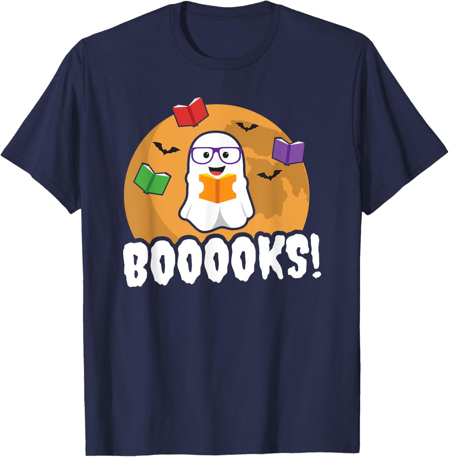 Booooks Ghost T Shirt Boo Read Books Library Gift Funny T-Shirt - Navy Blue